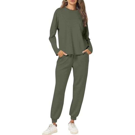 Wutalume Women's 2-Piece Solid Color Casual Set, Round Neck Long Sleeve Top and Sweatpants with Pockets, Everyday Loungewear,Army Green L
