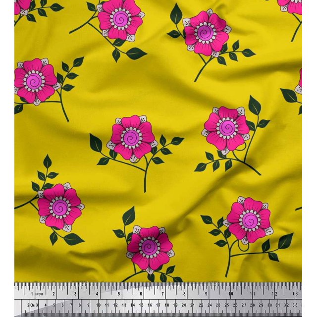 Soimoi Poly Georgette Fabric Leaves & Pink Flower Floral Decor Fabric Printed Yard 52 Inch Wide