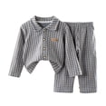 thumbnail image 2 of Mgmyaa Unisex Kids Pajama Outfit Set Plaid Collared Long Sleeve Button Down Pullover Straight-Leg Solid Sleepwear 2-Piece Outfit for Children 0-12 Years, 2 of 8