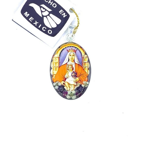 Our Lady of Coromoto Medium Oval Pendant w/ Pressed Flowers 18-inch
