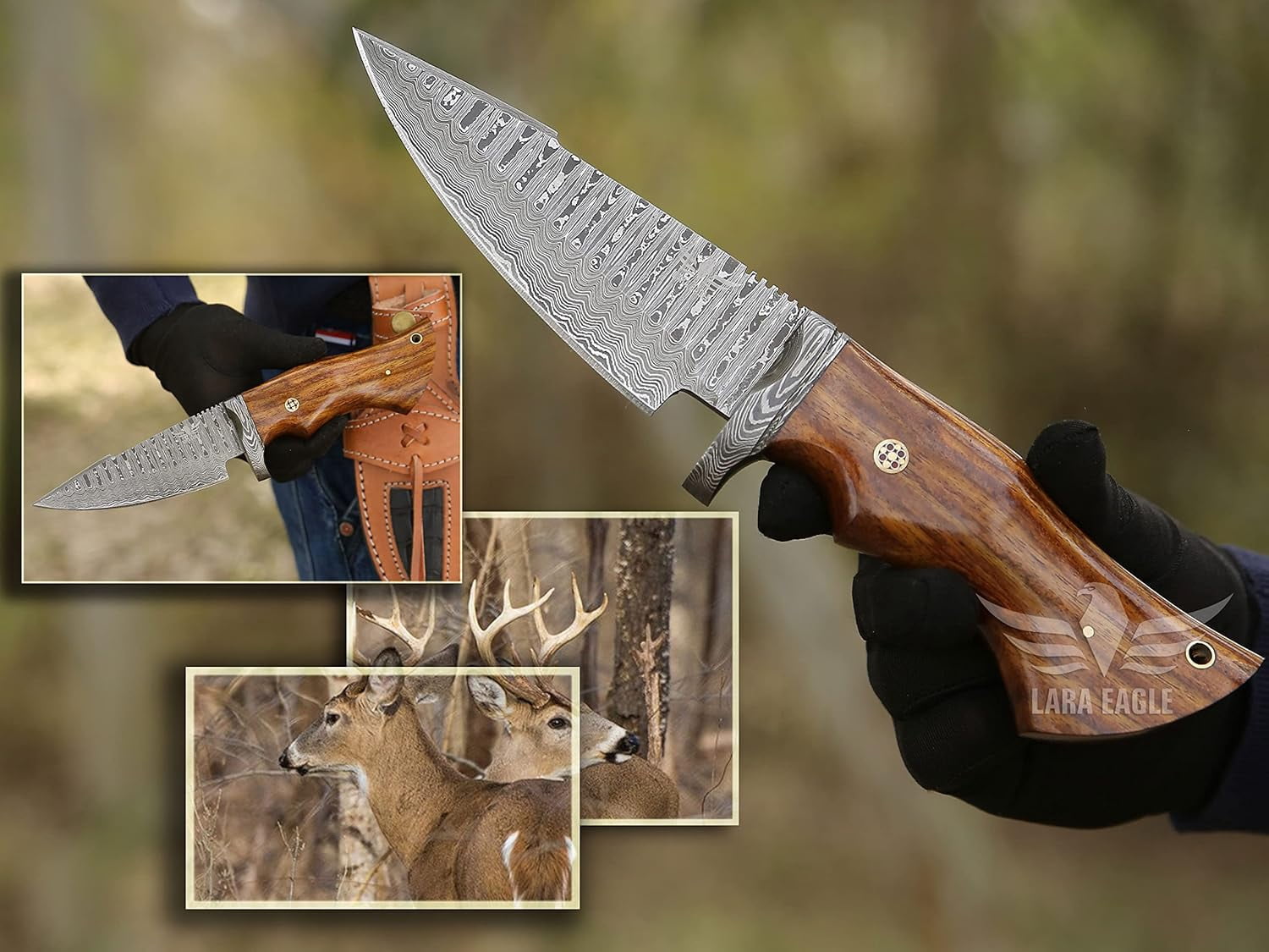 Lara Eagle Bobcat Fixed blade Skinning Knife for Camping, Handmade damascus Hunting Knifves with Leather Sheath, Size 10" sharp outdoor knife