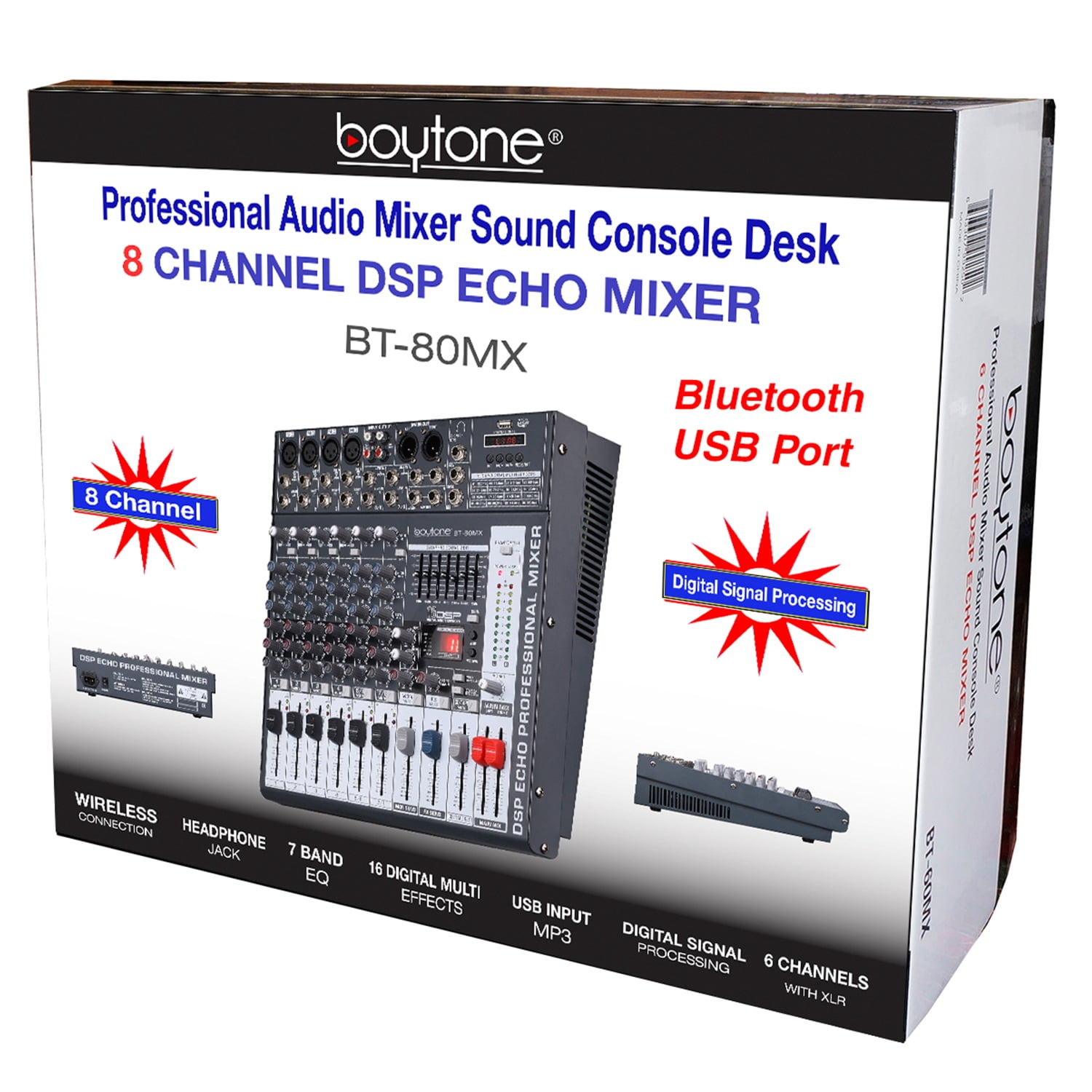 Boytone BT-80MX 8-Channel Bluetooth Studio Audio Mixer DJ Sound Controller, 7 Band Equalizer, 16 Effects, USB Port MP3, XLR Microphone Jack, RCA Input/output, DSP Echo, Headphone Jack, Recording