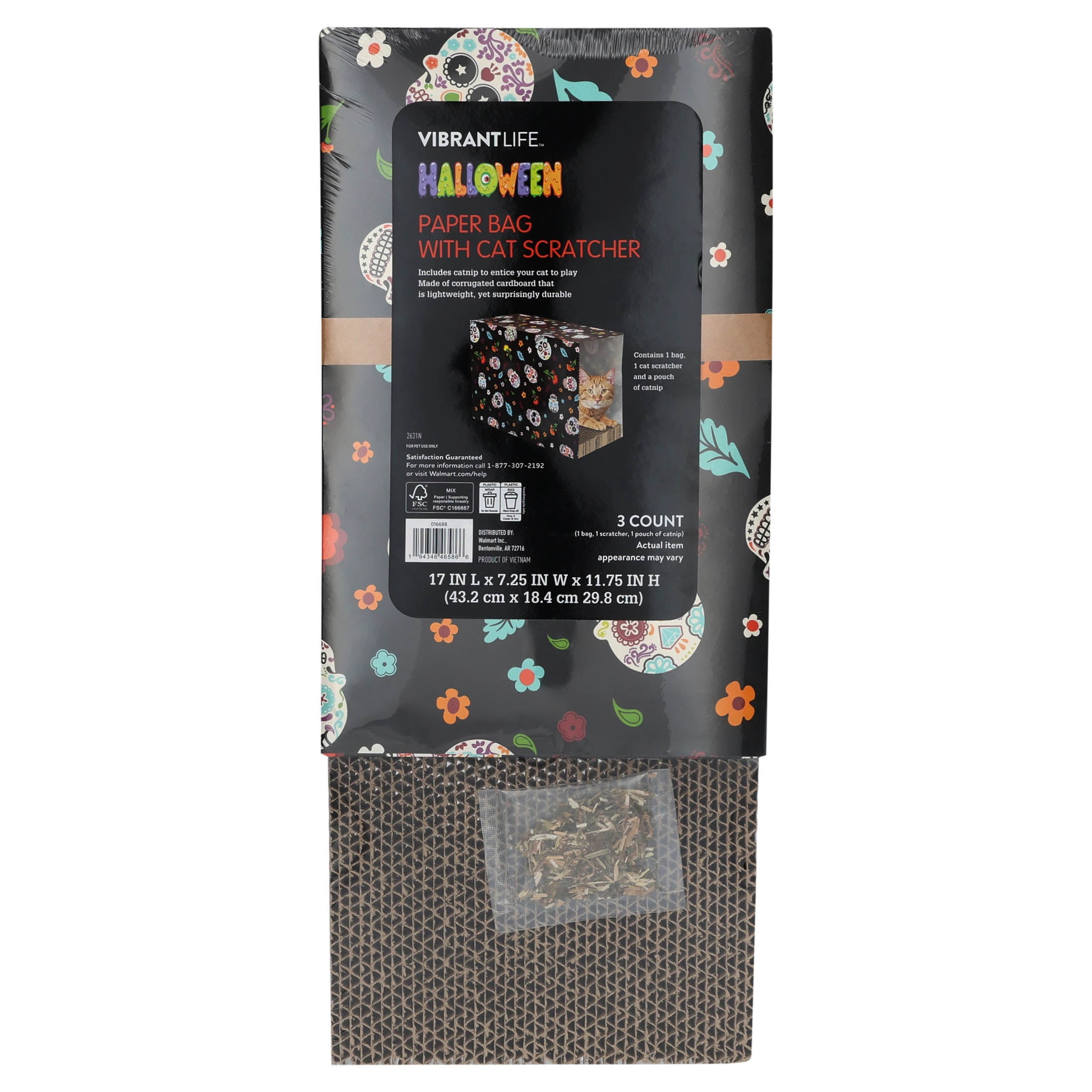 Vibrant Life Day of the Dead Halloween Paper Bag with Cat Scratching Pad and Catnip, Black