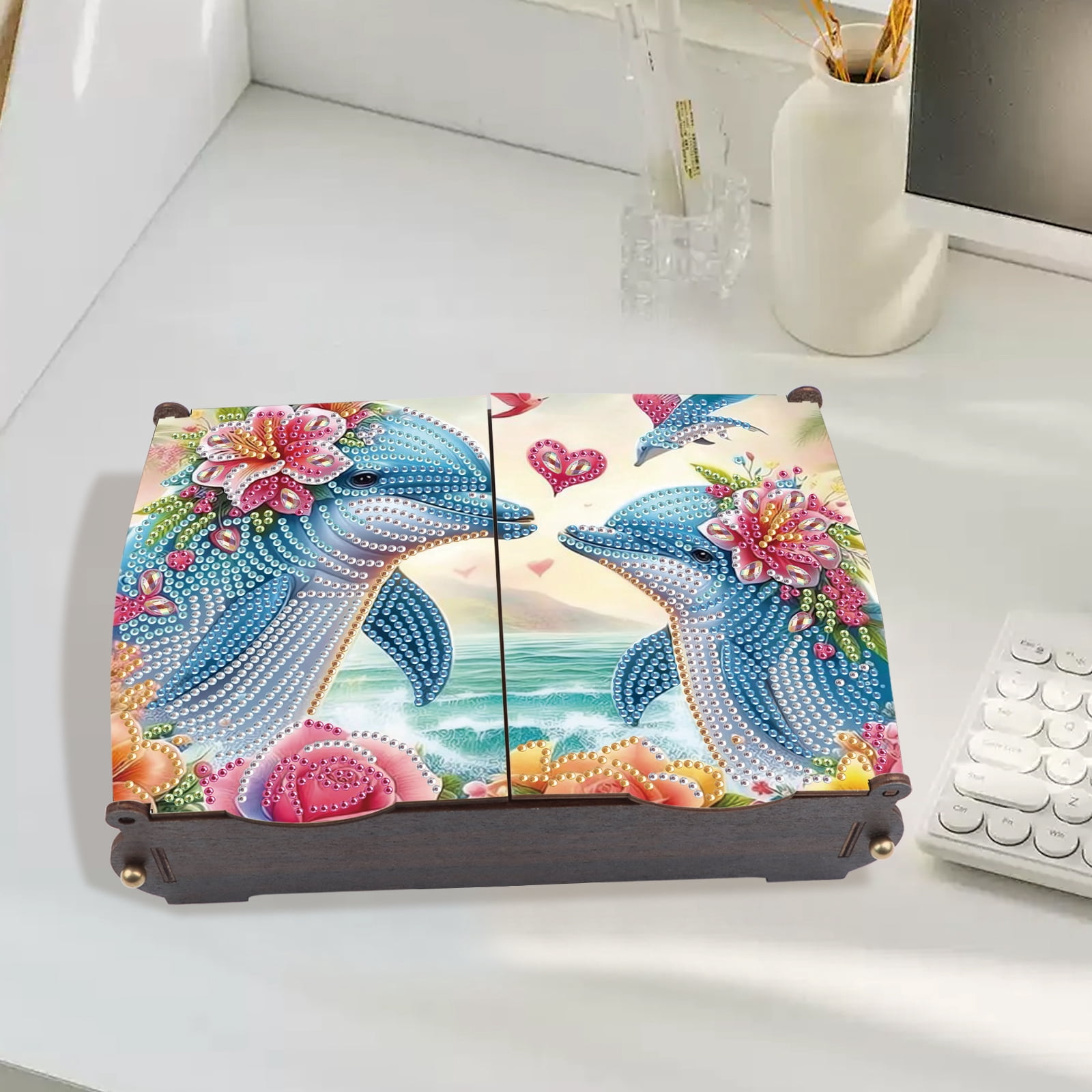 Diamond Painting Kit Storage Box, Floral Dolphin DIY Multi-Purpose Craft Storage Box, Ideal for Home Office Holiday Gifts