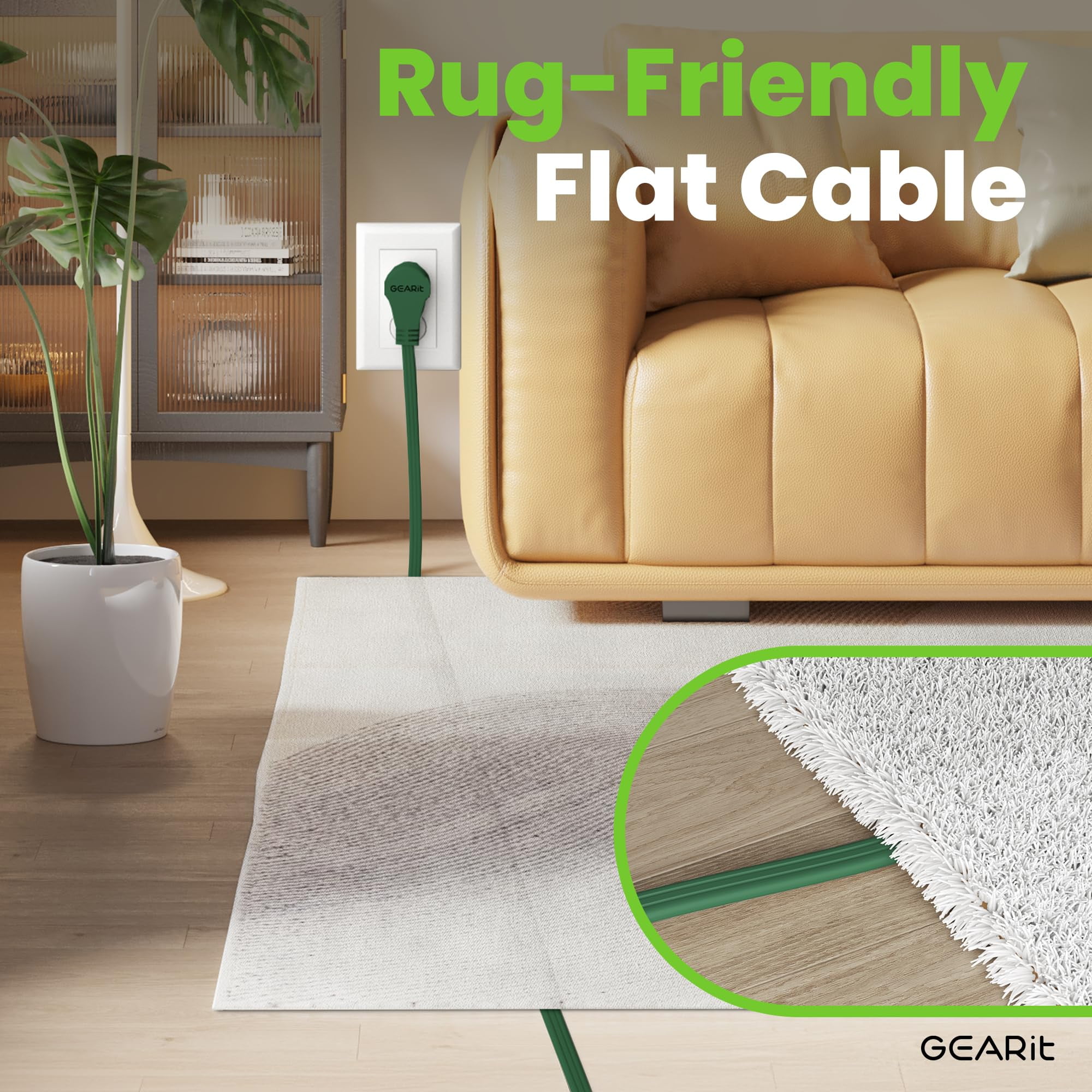GEARit 360 Rotating Flat Plug Extension Cord with 3 Outlets (25ft, Green) 16AWG/13A 3 Prong Wire, Outlet Saver for Home Office Dorm Room Essentials, ETL Certified