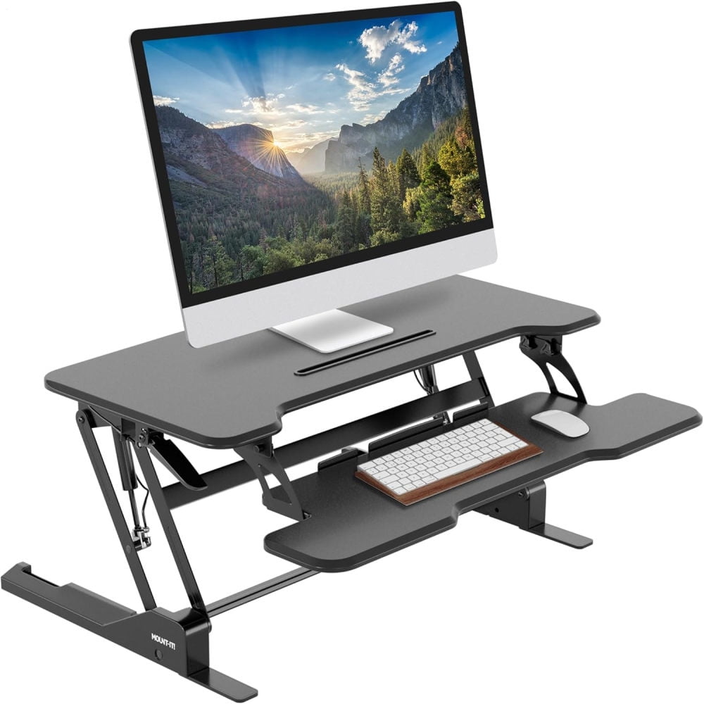 Spacious 38-inch Standing Desk Converter with Keyboard Tray - Holds 2 Monitors, Manual Pneumatic Lift