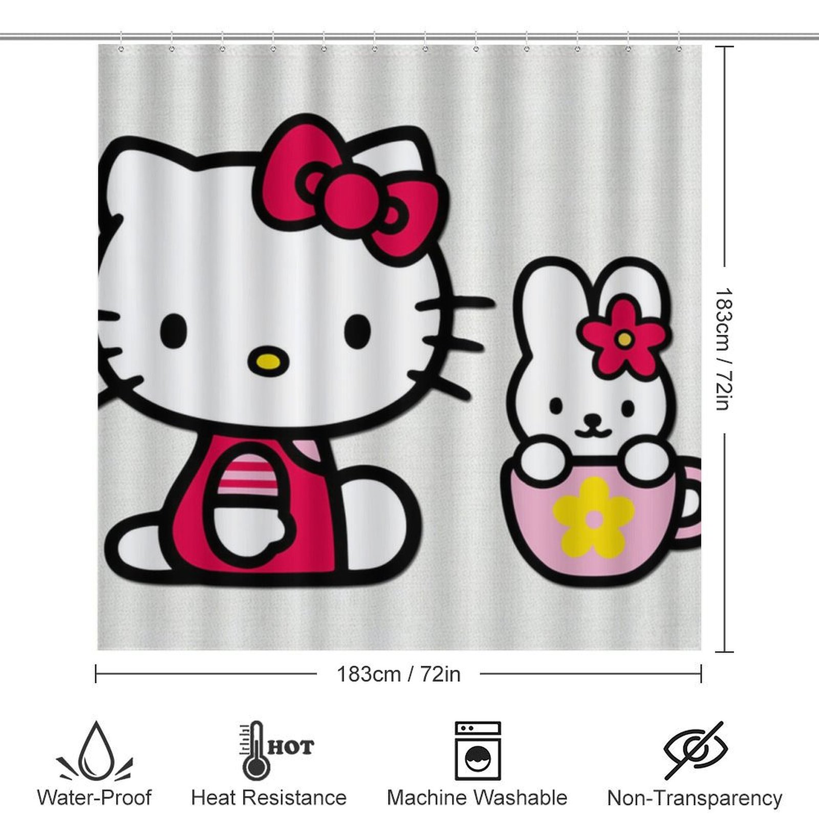 4 Piece Cartoon Hello Kitty Rabbit Flower Cup Shower Curtain Sets Kawaii Accessories with Non-Slip Rug, Toilet Lid Cover, Bath Mat Shower Curtains Set for Bathroom Decor