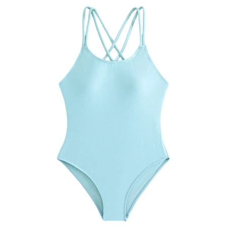 Ticikt Girls Spaghetti Strap Swimsuit UPF 50 Beach Sport Backless One Piece Swimsuit Beach Pool Bathing Color:Light Blue Size:9-10 Years