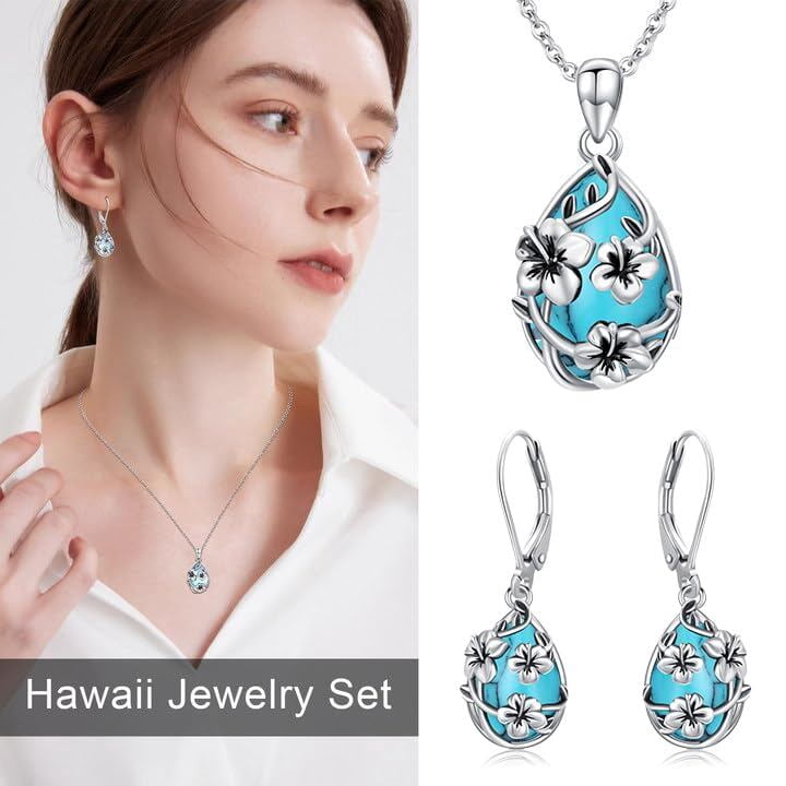 Coachuhhar Hibiscus Necklace 925 Sterling Silver Turquoise Hawaii Flower Pendant Necklace Hawaiian Jewelry Gifts Christmas for Women Mother Wife