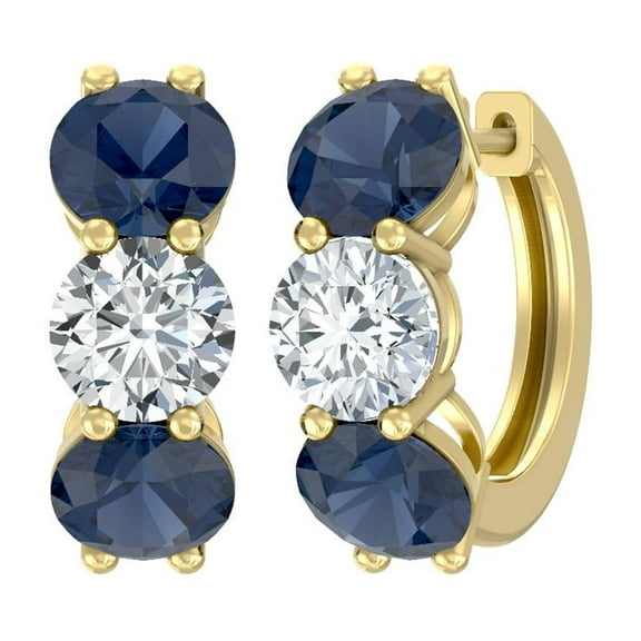 Araiya Fine Jewelry Blue Sapphrie and 2 CT. T.W. Lab Grown Diamond Alternating Three Stone Huggie Hoop Earrings in 10K Yellow Gold
