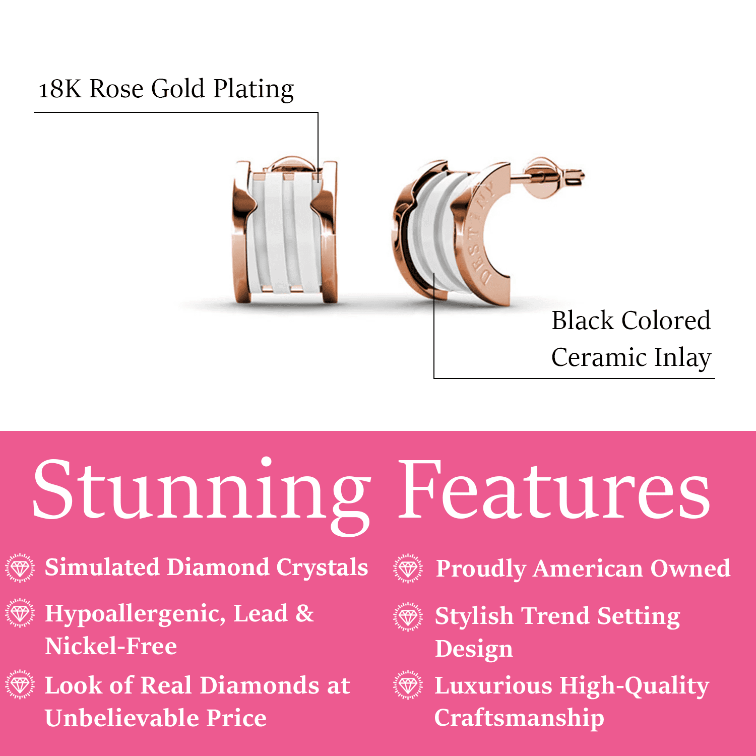 Cate & Chloe Kali 18k Rose Gold Plated Half Hoop Earrings with White Ceramic Inlay for Women, Gift for Her