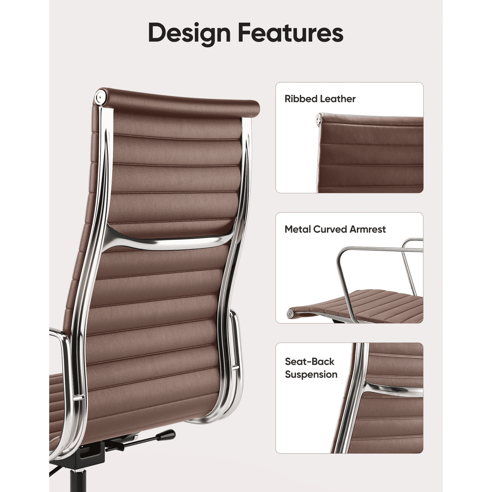 Raffle Pinker Ribbed Genuine Leather Office Desk Chair High Back Executive Conference Room Chair Adjustable Computer Chair Swivel Chair with Arms for Home Office, Brown