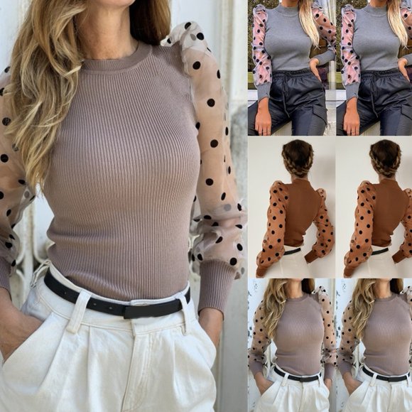 Women Puff Sleeve Tops Pullover Sweater Blouse Loose Jumper Ribbed Shirt