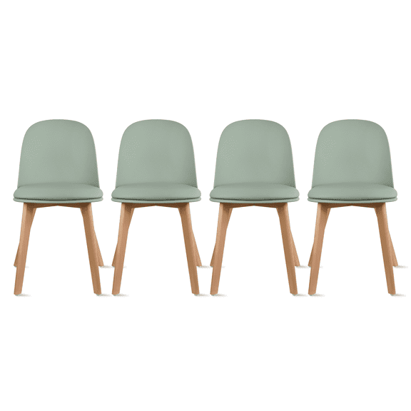 Set of 4 Armless Plastic Dining Chair Wood Legs for Dining Room Faux Leather Molded Seat With Cushion, Green