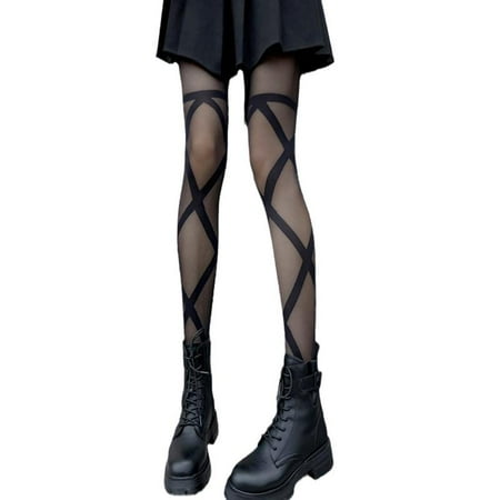 

Women Sexy Sheer Pantyhose Criss-Cross Bandage Striped Patterned Tights Stocking
