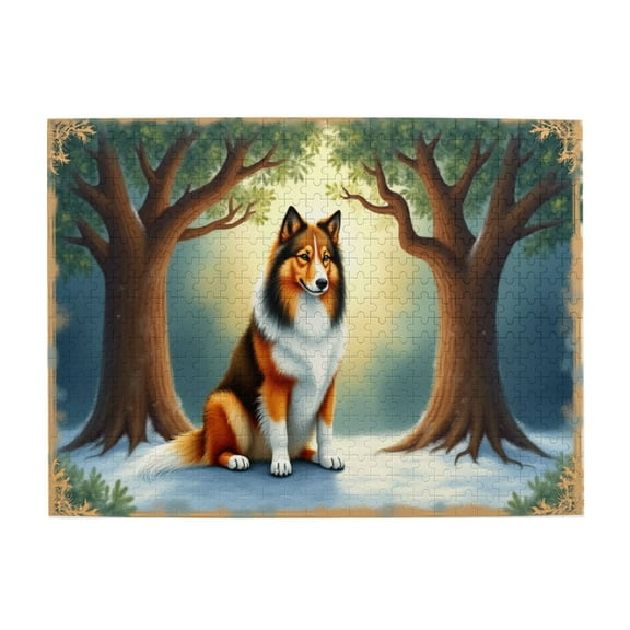 500 Piece Jigsaw Puzzle For Adults Sheltie In Winter Wonderland Dog Trees Snow Peaceful Challenging & Relaxing Puzzle Great Gift Idea 20.5X15In