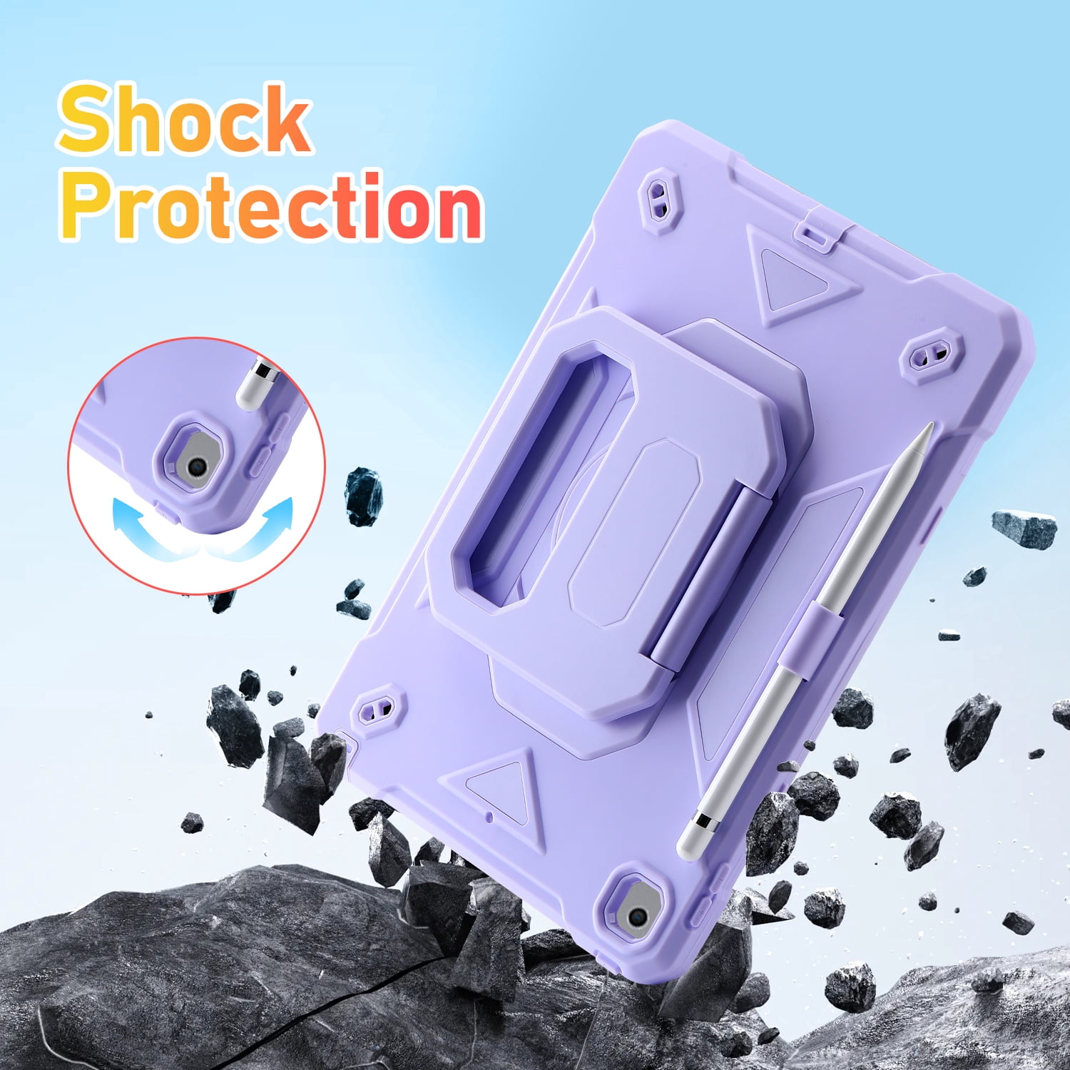 Allytechgroup Heavy Duty Shockproof Case Cover for Apple iPad 9th 8th 7th Generation, Ultimate Protection with Handle Stand, Shoulder Strap, and Pencil Holder Kids Friendly, Lightpurple