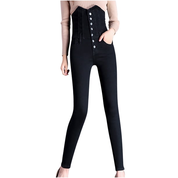 Pantalones pitillo elásticos de cintura alta con siete botones engrosamiento de terciopelo para mujer pantalones vaqueros lápiz pantalones largos Pompotops ulkah942918