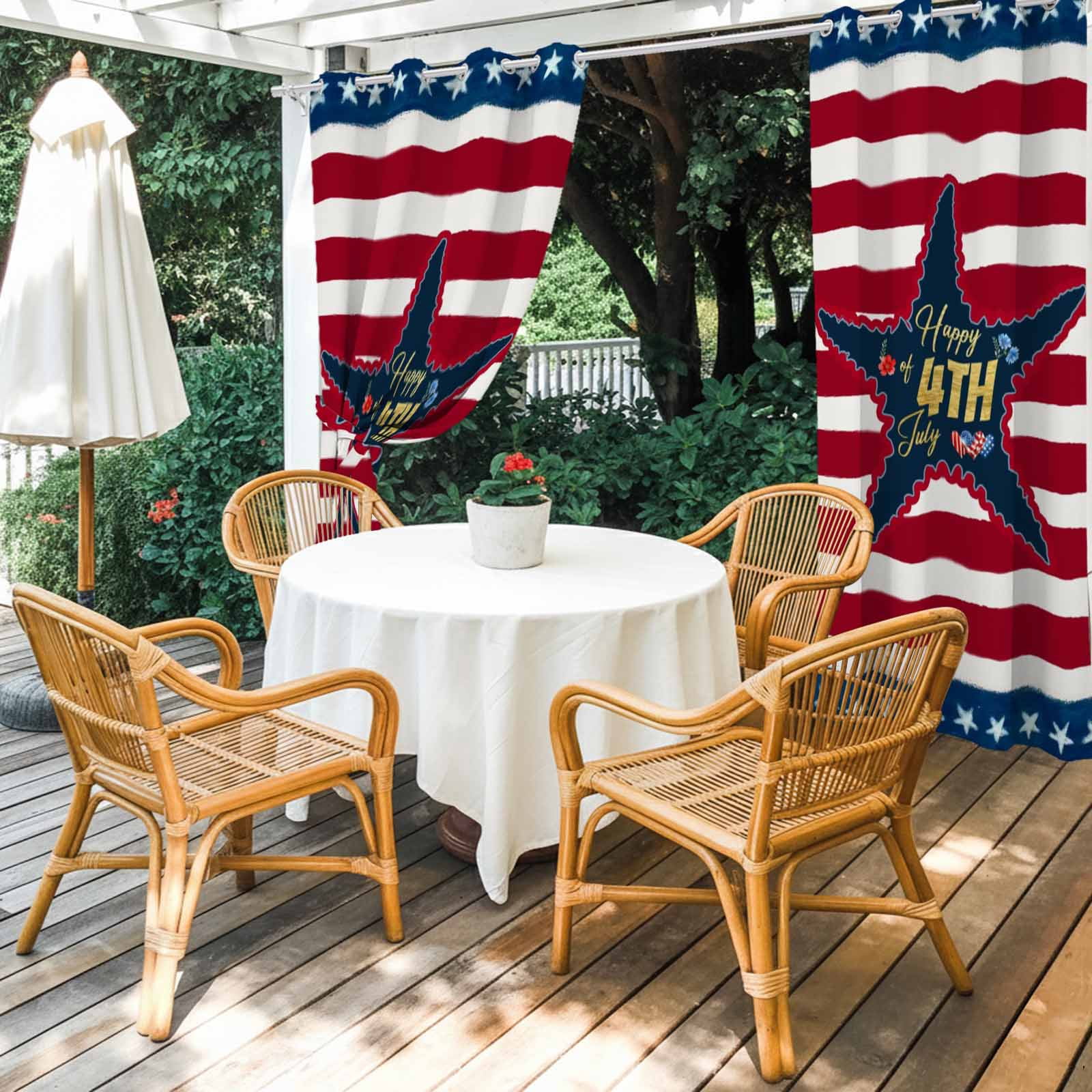 Gold Happy of 4th July Outdoor Curtains for Patio, Rustic Red Blue Star Stripes Sunshade Privacy Drapes Grommet Waterproof Outside Curtains for Porch/Cabana/Balcony 54"x 108", 1 Panel