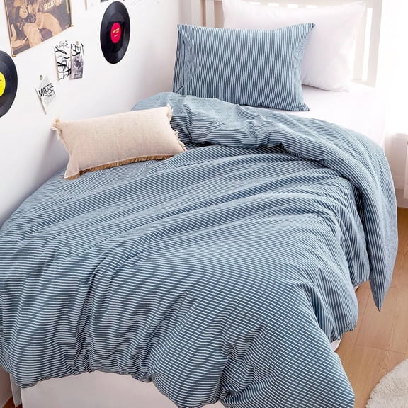 Lightweight Striped Duvet Cover Set, 100% Washed Cotton Twin Size Bedding