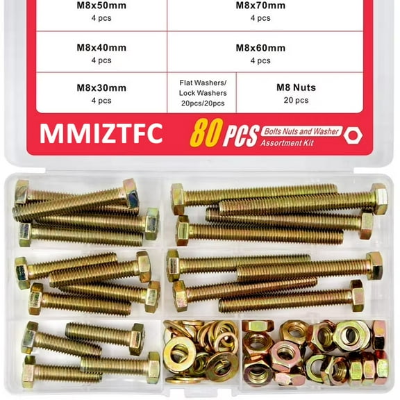 MMIZTFC 80Pcs Grade 8.8 M8 Hex Head Screws Bolts and Nuts Flat & Lock Washers Assortment Kit 30mm 40mm 50mm 60mm 70mm