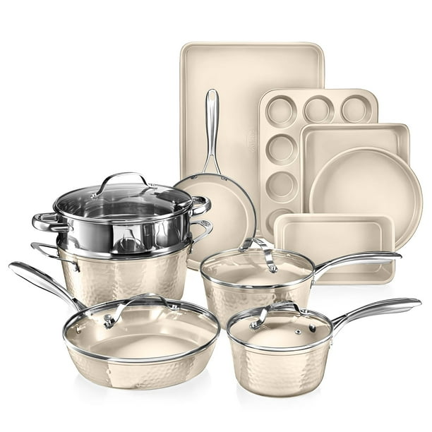 Gotham Steel Hammered Juego de ollas y sartenes de 15 piezas, juego de utensilios de cocina antiadherentes, juego de ollas y sartenes, juegos de utensilios de cocina, juego de utensilios de cocina de
