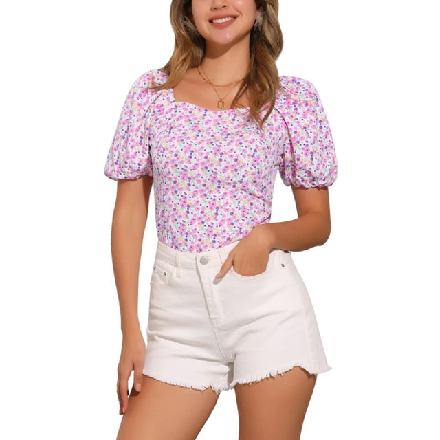 INSPIRAR CHIC Blusa Floral para Mujeres Cuello Cuadrado con Escote en Corazón Manga Abullonada Espalda Fruncida Top Casual Blanco Púrpura M