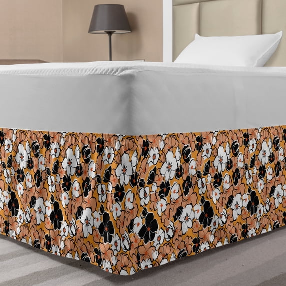 Floral Vintage Bed Skirt, Illustration of Hand Drawn Like Colorful Blooming Flowers Art, Elastic Bedskirt Dust Ruffle Wrap Around for Bedding Decor, 4 Sizes, Pale Orange Multicolor, by Ambesonne