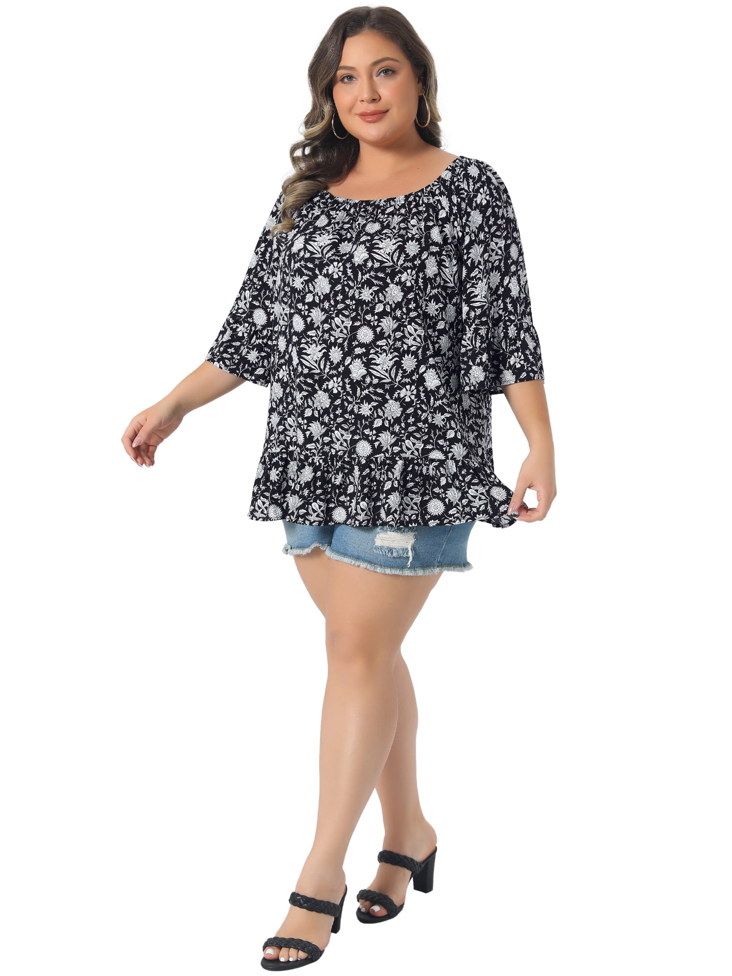 DARING DIVA Women's Plus Floral Half Sleeve Off Shoulder T Shirt Blouse 4X Black