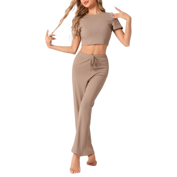 INSPIRAR CHIC Pijama de Mujer para el Día de la Madre de Punto Acanalado de 2 Piezas con Manga Corta y Pantalones Conjuntos de Lounge S Camel
