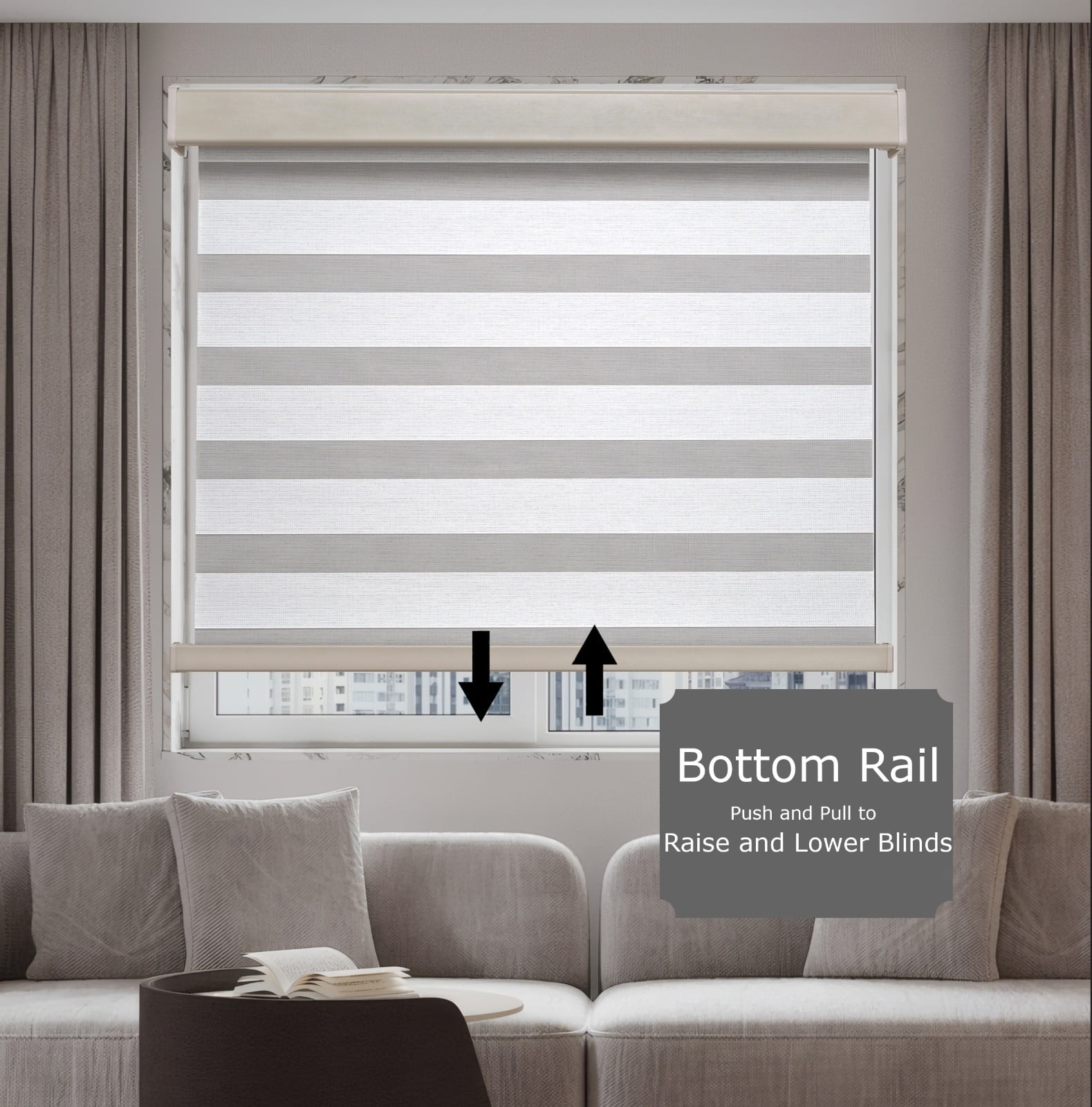 28" Beige Cordless Window Zebra blinds with Dual Layer Jacquard Material For Privacy and Light Control, Roller Zebra Shades for Indoor Home and Office