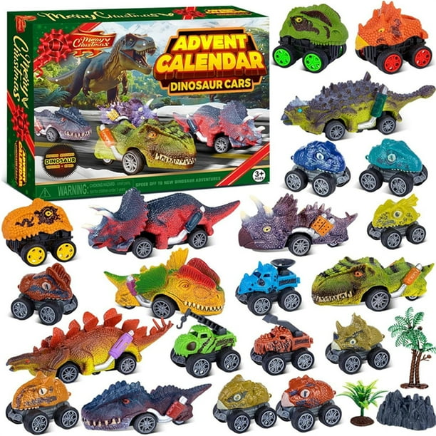 Calendario de Adviento de Coche de Juguete Retrocedible de Dinosaurios 2025 | 20 vehículos dinosaurios | T-Rex y Stegosaurus | Mapa de paisajes incluido | No se necesitan baterías | Cuenta atrás de