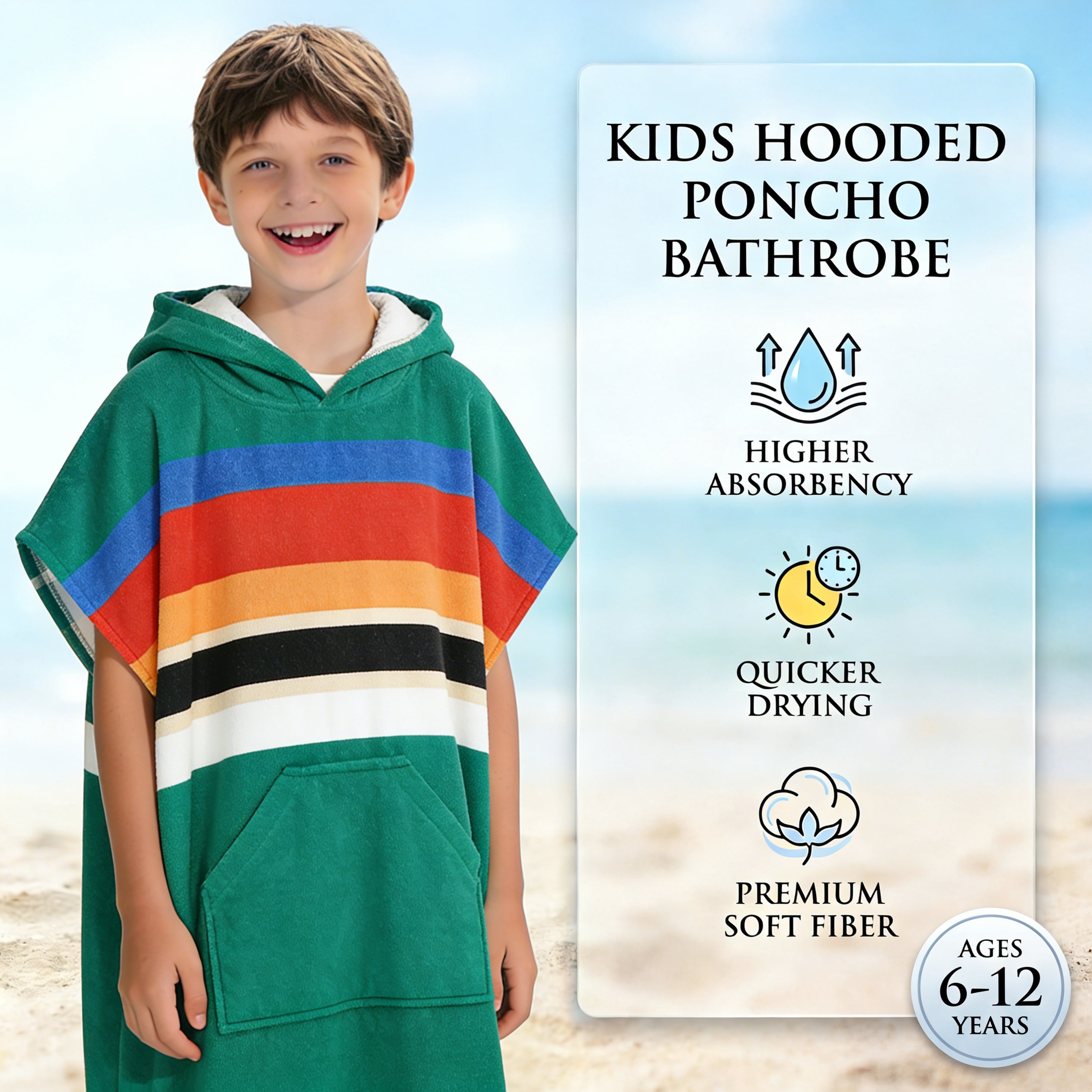 Catalonia Kids Hooded Poncho Towel, 100% Cotton Absorbent Changing Robe for the Beach, Pool, and Bath, Cute Gifts for Childrens (Boys and Girls), Green Stripe