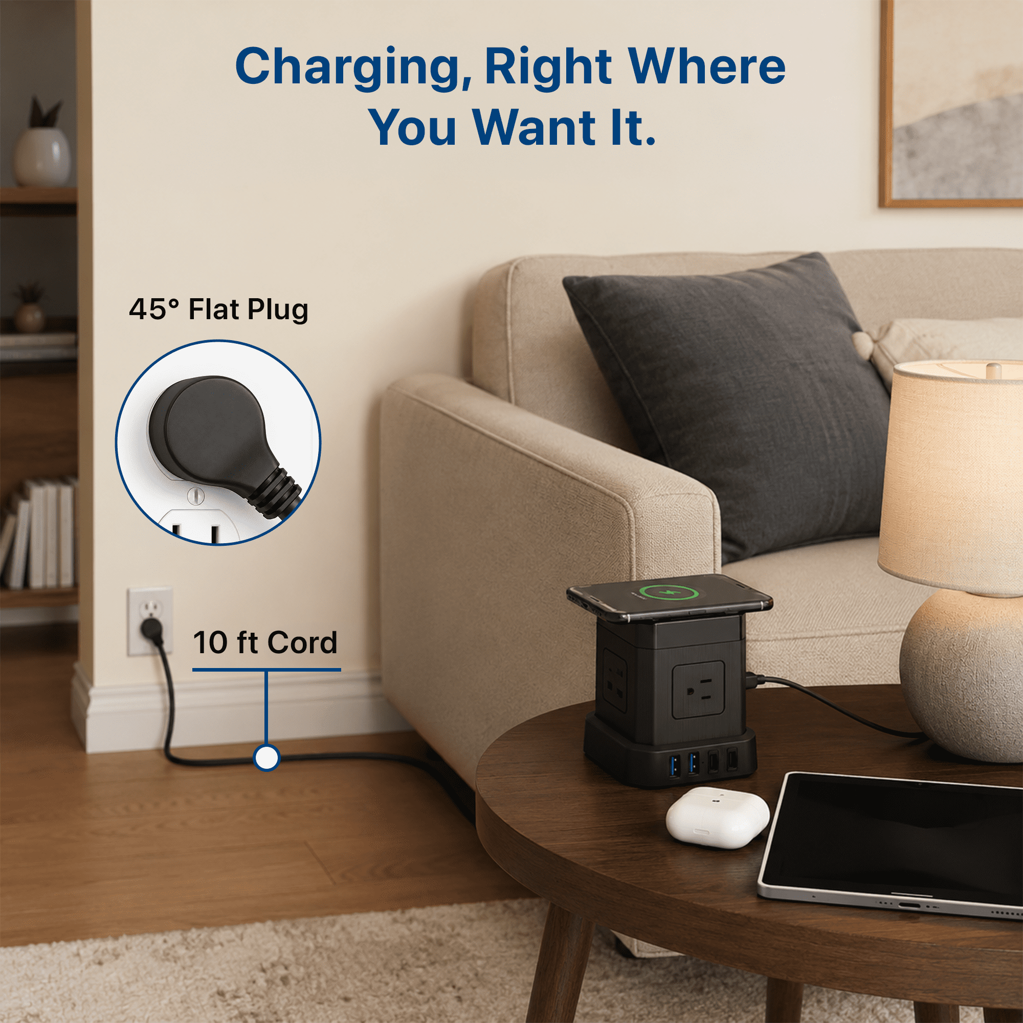 Wireless Cube Power Strip Surge Protector with 15W Qi Charger, 4 AC, 2 USB-C, 2 USB-A, 10 Ft Cord, Black