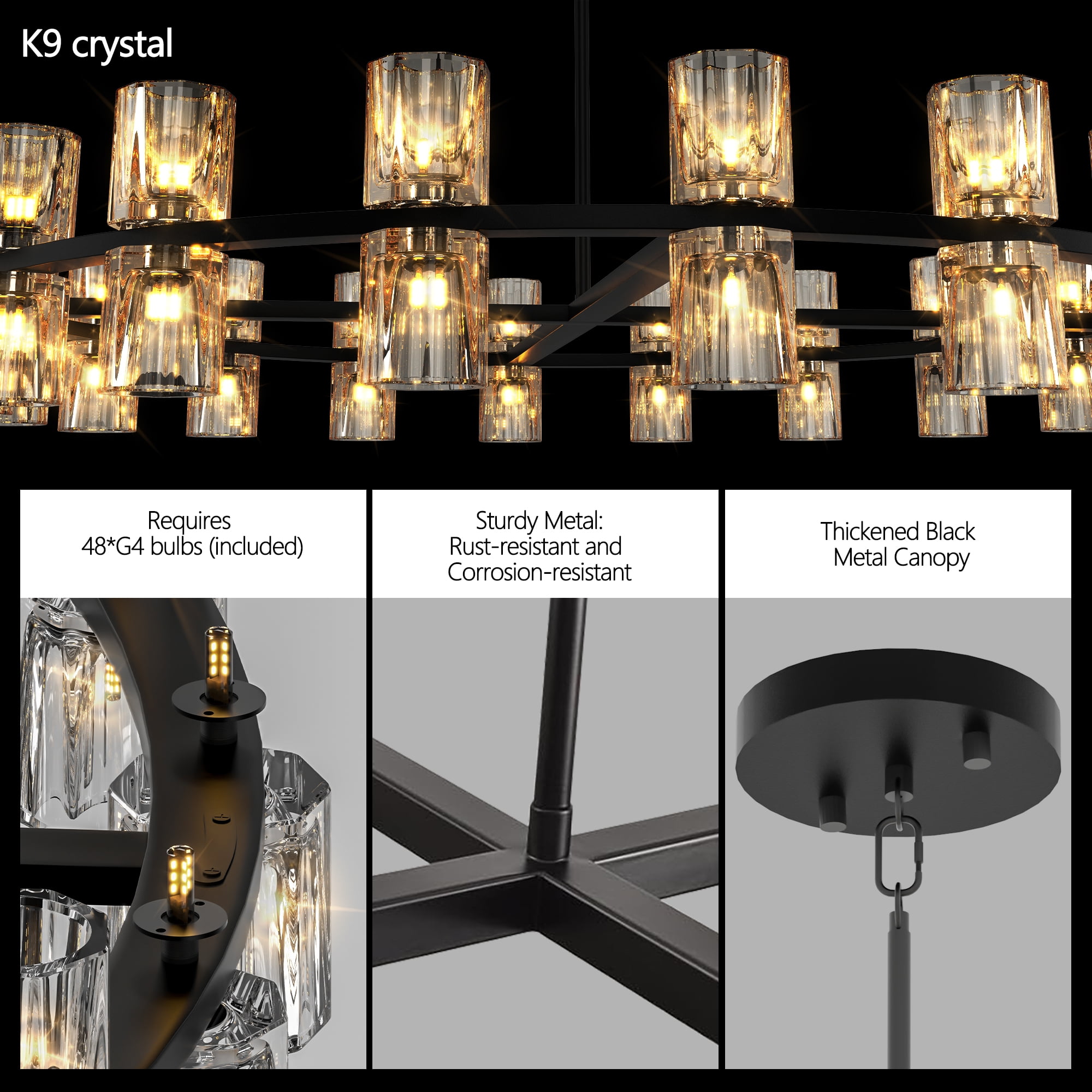 Jopath 48 Inches Luxury Round Crystal Chandelier Modern Chandeliers Lights Fixture Hanging Pendant Light Fixture for Dining Room Bedroom Living Room Black