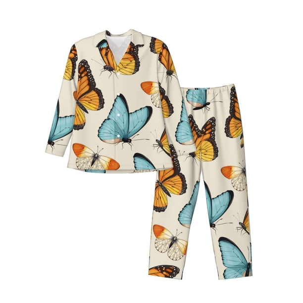 Balery Butterflies Pijama para Hombre de Dos Piezas con Manga Larga, Conjunto de Dormir y Descanso Suave con Bolsillos-Small