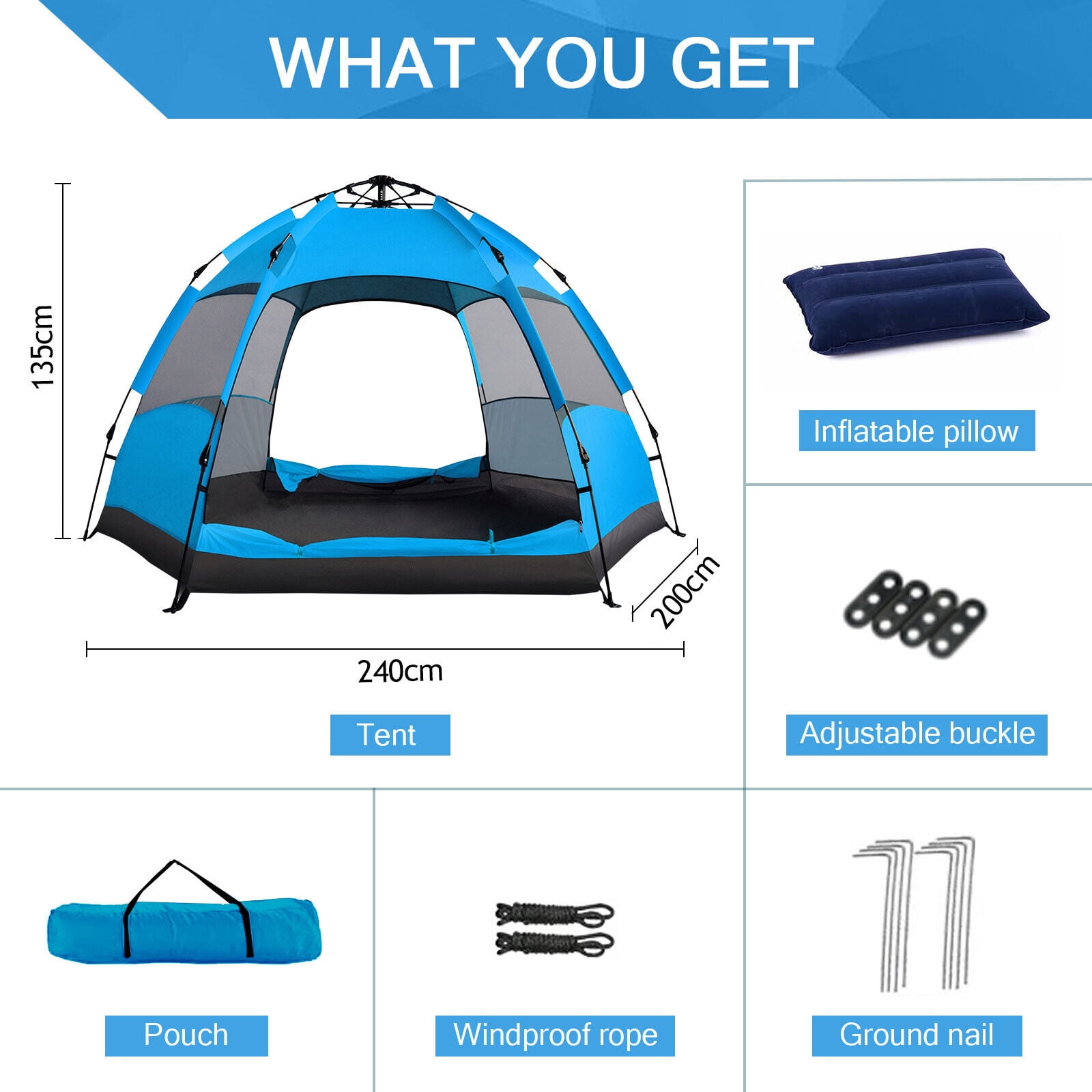 SHANNA Instant Camping Tent Portable Large Pop Up Tent 3-4 Person Dome Family Hexagon Tents Pop up Sun Shade Tent for Outdoor Camping Hiking, Blue Tent +Inflatable pillow