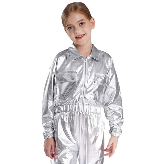 TiaoBug Kids Shiny Metallic Bomber Jacket Boys Girls Motorcycle Baseball Long Sleeve Zip Up Coats Silver 10
