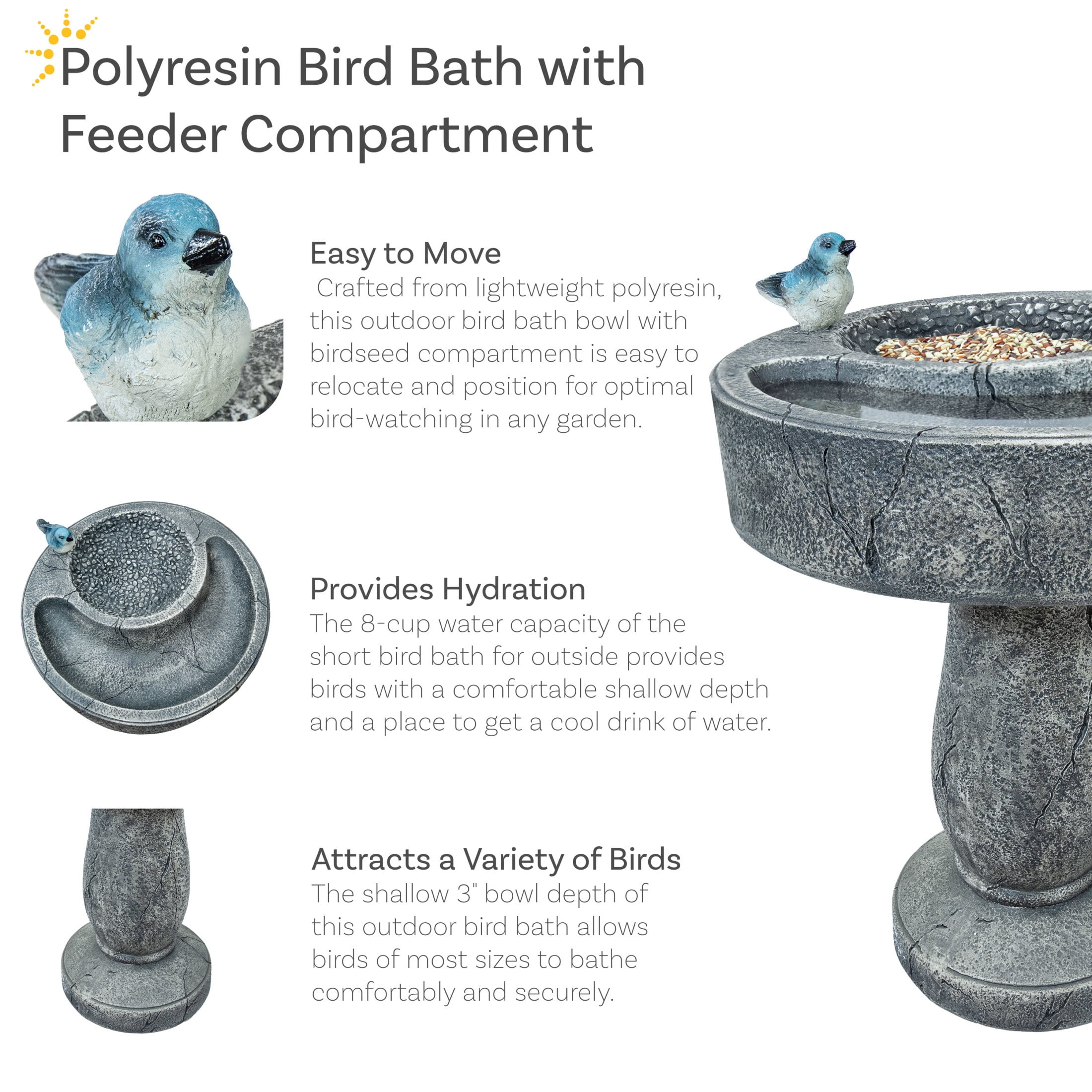 Sunnydaze Traditional Freestanding Polyresin Outdoor Bird Bath with Feeder Compartment
