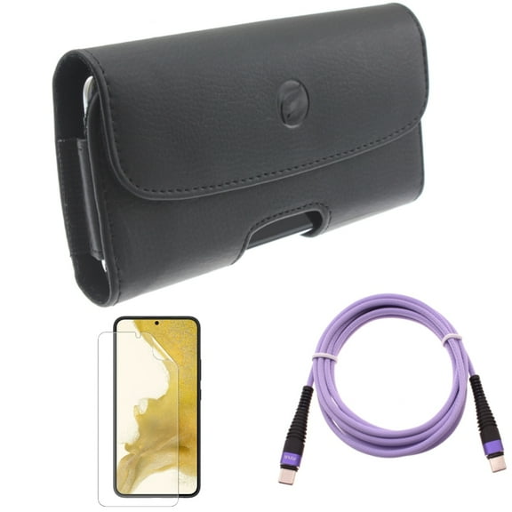 Matte Screen Protector & Case Belt Clip & Purple 6ft PD Cable for Samsung Galaxy S22 (6.1") - TPU Film Anti-Glare & Leather Holster & Type-C to USB-C Long Charger Cord Accessory Bundle