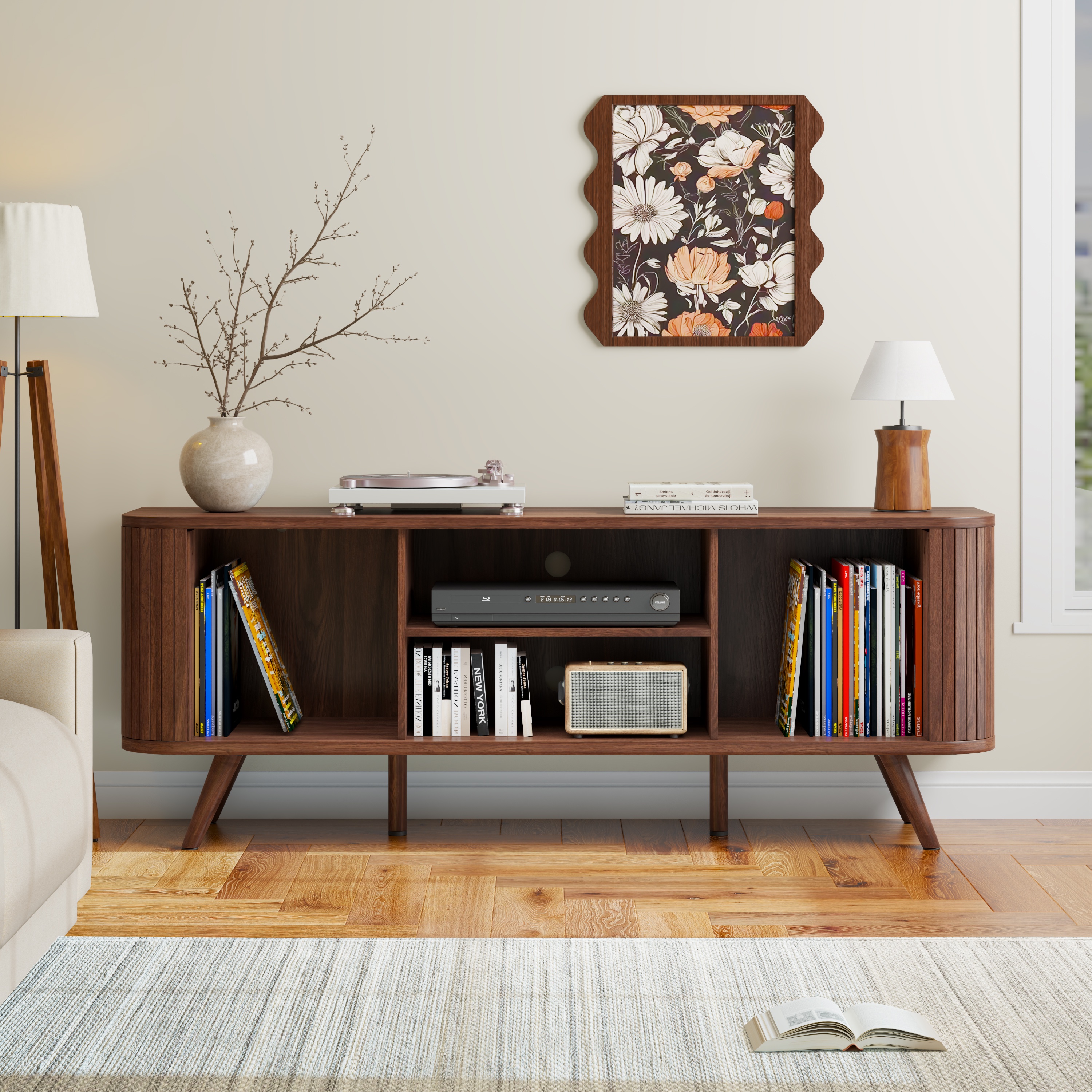 Tydimor 65" TV Stand with Storage Shelves & Drawers, Walnut photo 7