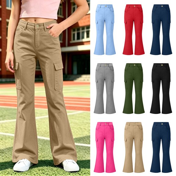 Cargo Pants for Girls Boys Unisex Kids 5-15Years Tween Casual Solid Color Full Length Trousers Flared Pants with Pockets Back to School Casual Daily Wear