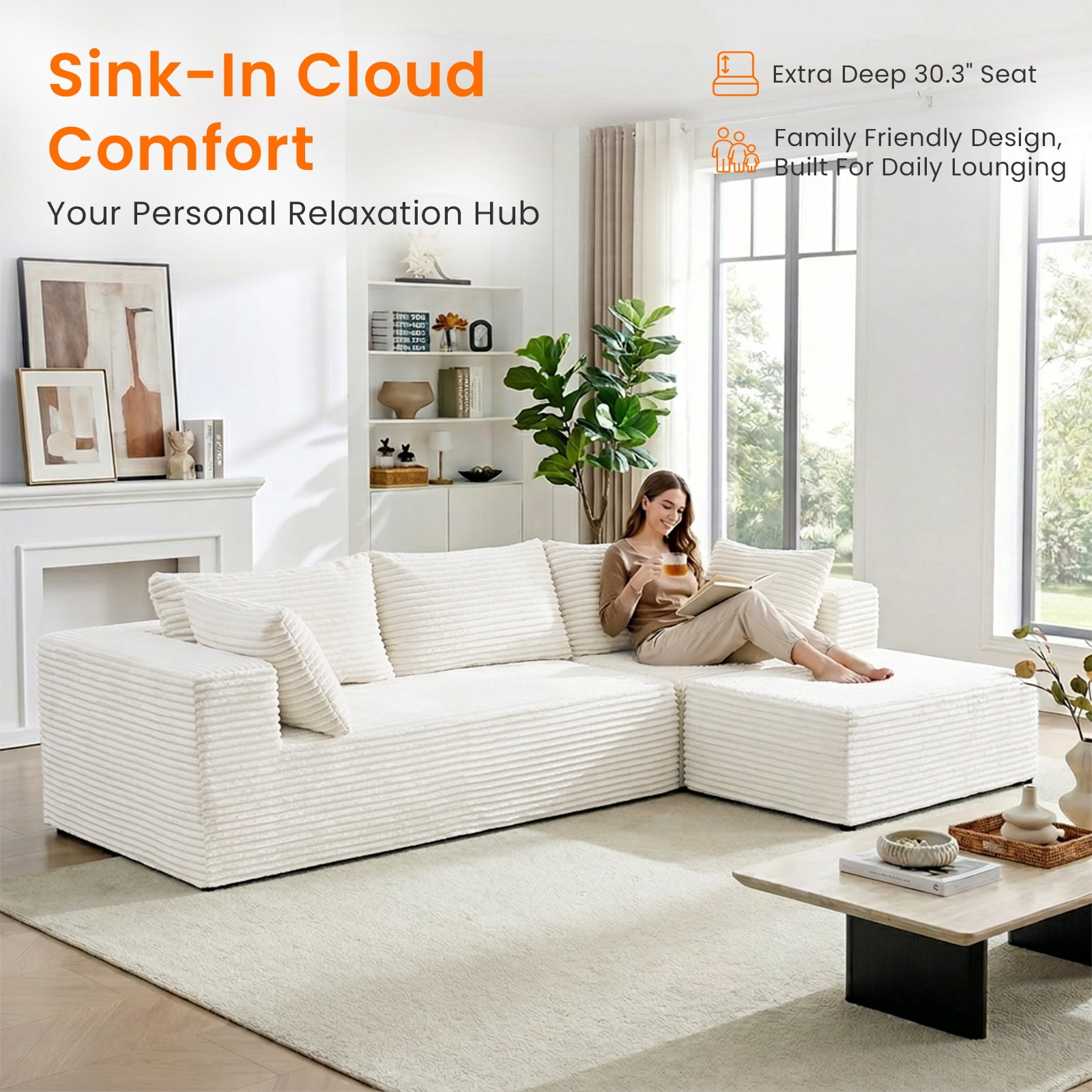 ZAFLY 110" Cloud Sectional Sofa, Modular Corduroy Deep Seat Couch, L Shaped Couches for Living Room - Beige