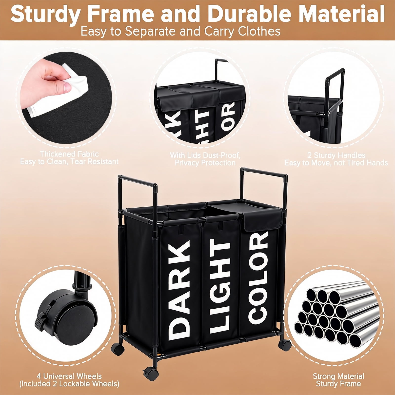 3 Section Laundry Basket with Wheels and Lids, 150L Rolling Laundry Hamper with Handle, Sorter for Clothes Toys Sundries (Black)