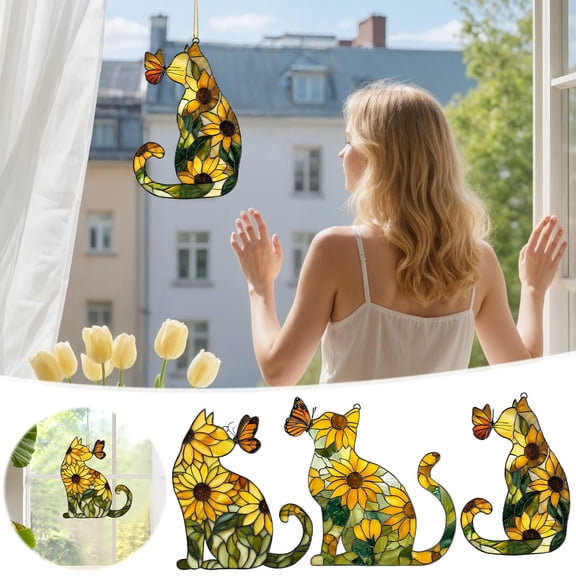 Sunflower Cat and Acrylic Suncatcher for Windows – 3D Rainbow Light Reflector with Suction Cup Hanging Chain, Cute Home or Car Window Decoration Gift