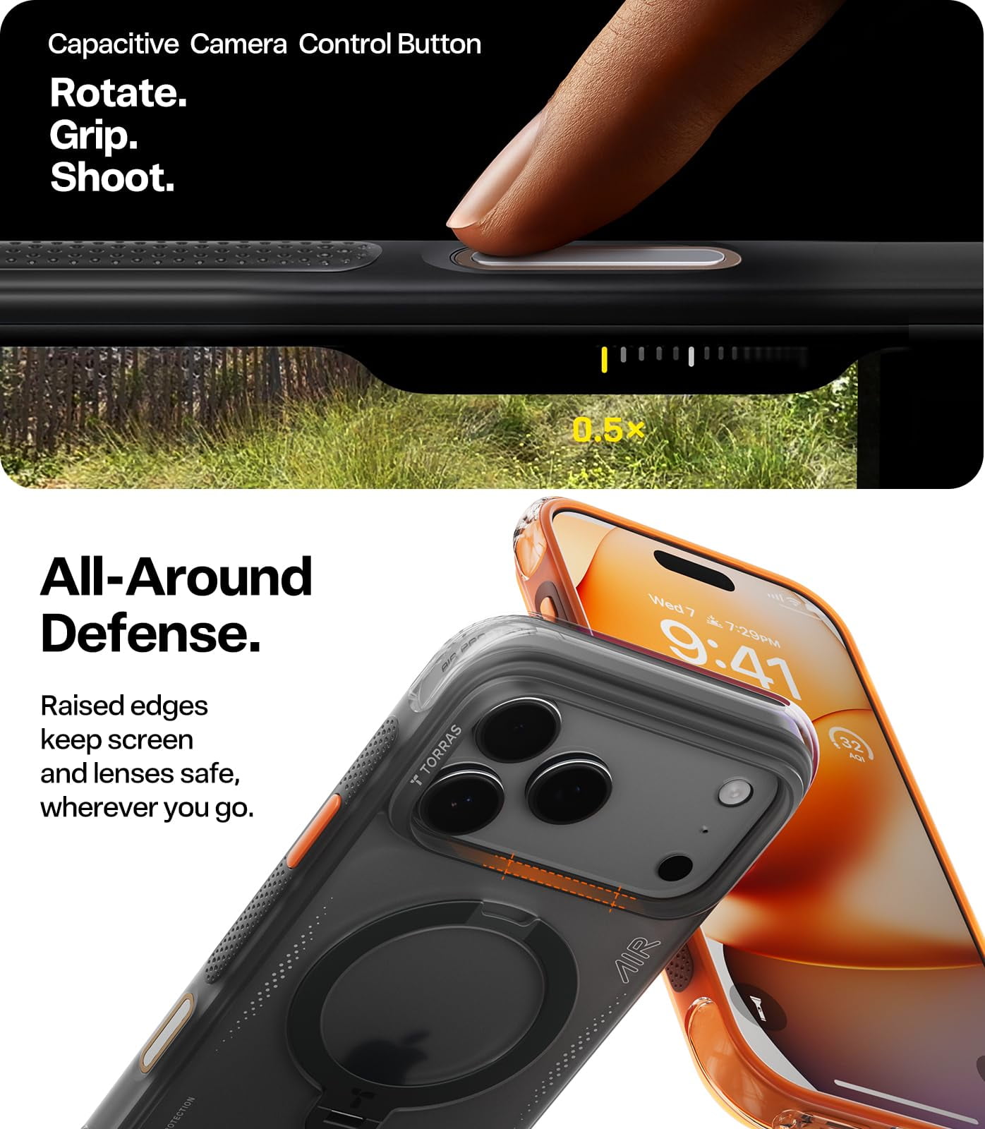 TORRAS Flagship Q3 Air for iPhone 17 Pro Case,Visible Airbag Drop Protection,Hardcore Air Cushion Tech ,Mil-Grade Protection,Fit for MagSafe,360 Rotating Stand Case ,6.3" ,Shadow Black