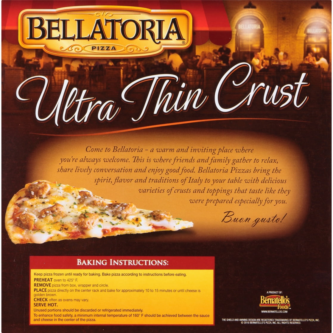 Bellatoria Sausage Italia Pizza, Ultra Thin Crust, 18.27 oz, Frozen, Contains Wheat, Milk, Soy
