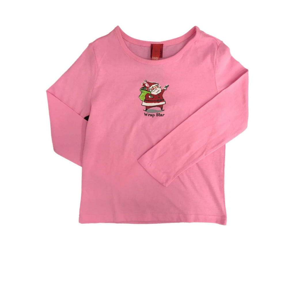 Girls Pink Winter Holiday Shirt Long Sleeve Santa 
