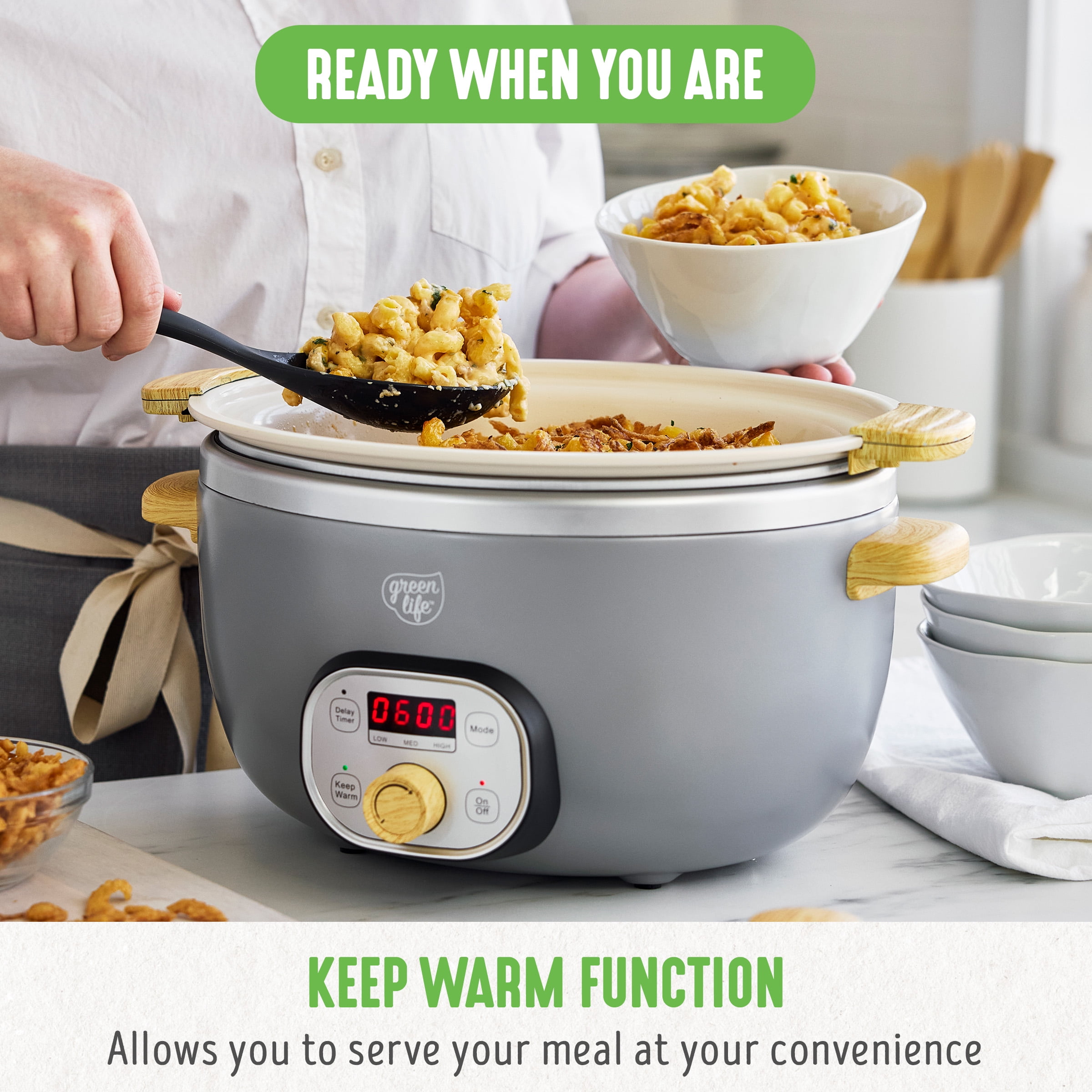 GreenLife 6 Quart Non Stick Family Meal Slow Cooker with Removable Pot, Grey