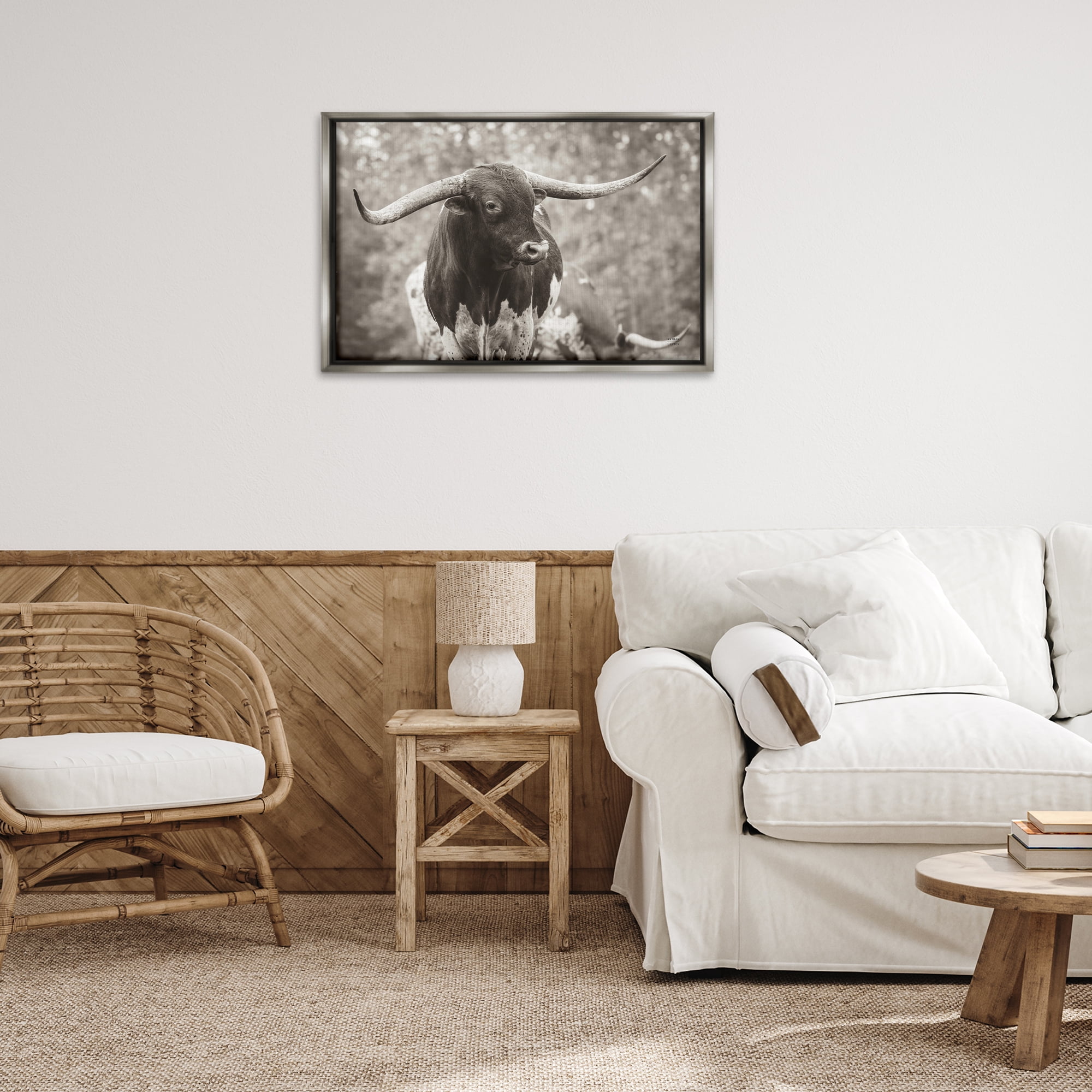 Stupell Industries Longhorn's Gaze Photography Animals Photography Gray Floater Framed Canvas Art Print Wall Art, 31 x 21